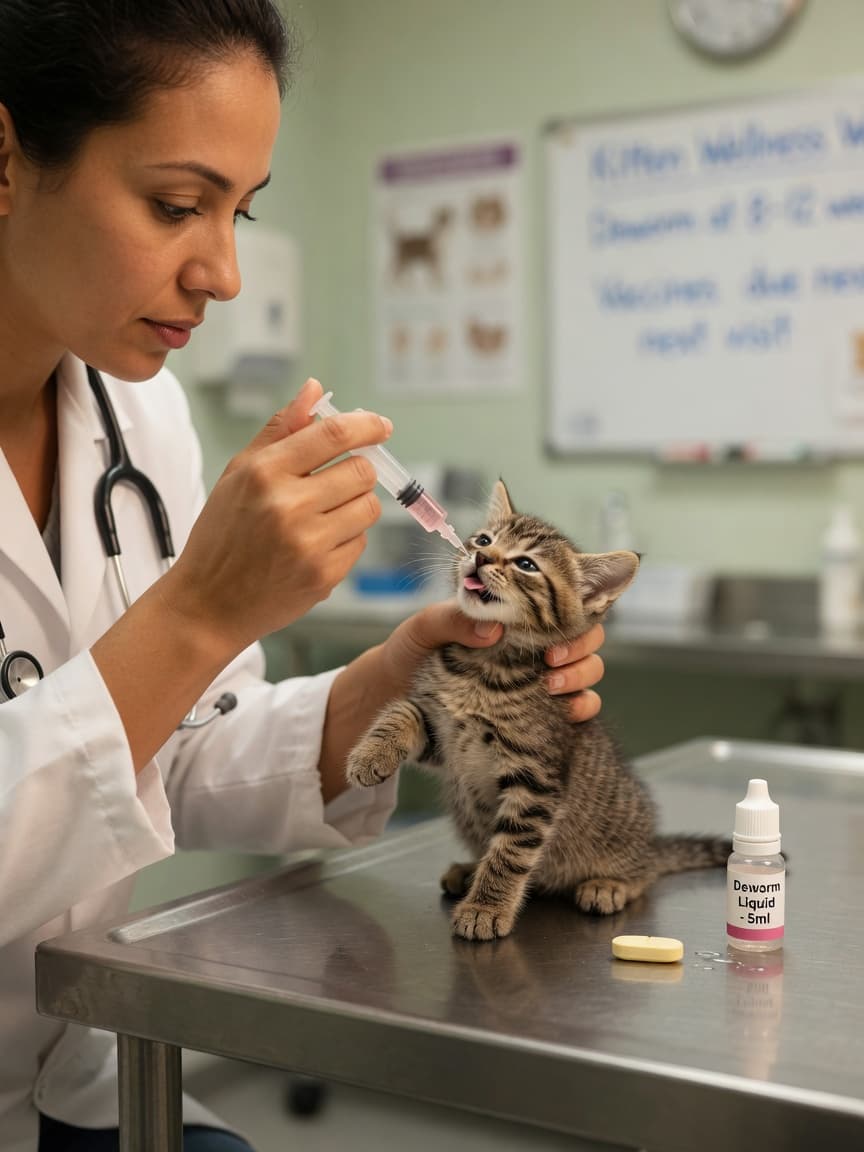 Veterinarian administering oral deworming liquid to a tabby kitten on an examination table during treatment