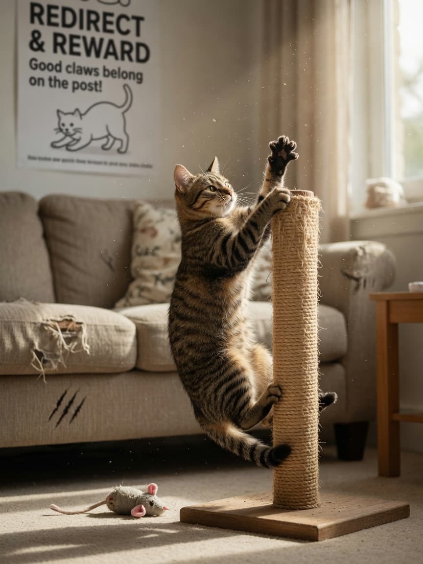 Tabby cat stretching up to scratch a tall wooden scratching post with natural sunlight streaming in, demonstrating proper scratching behaviour instead of furniture damage