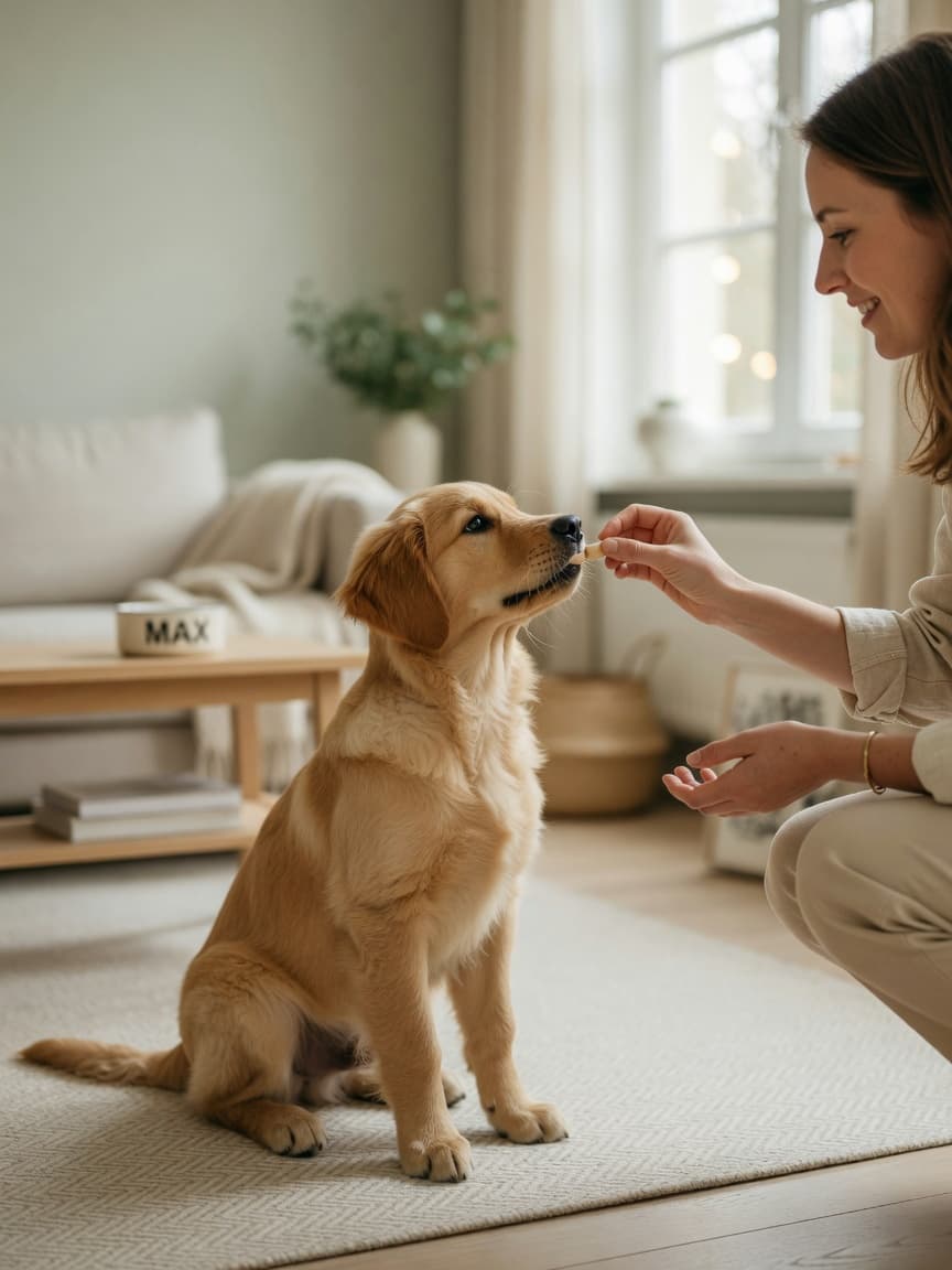 Owner training golden retriever puppy with treat reward in calm home environment