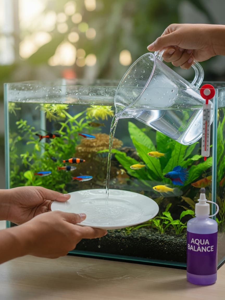 Hands pouring treated water into an aquarium during a water change procedure with tropical fish and plants visible