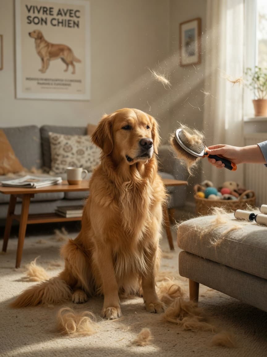 A Golden Retriever surrounded by shed fur while owner holds a de-shedding brush, showing the reality of dog shedding management