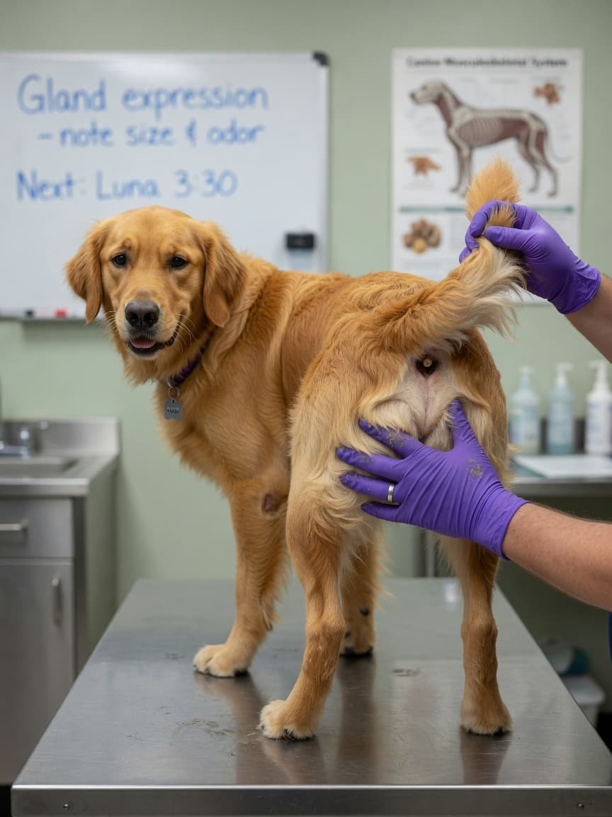 Veterinarian performing professional external anal gland expression on a calm golden retriever during examination