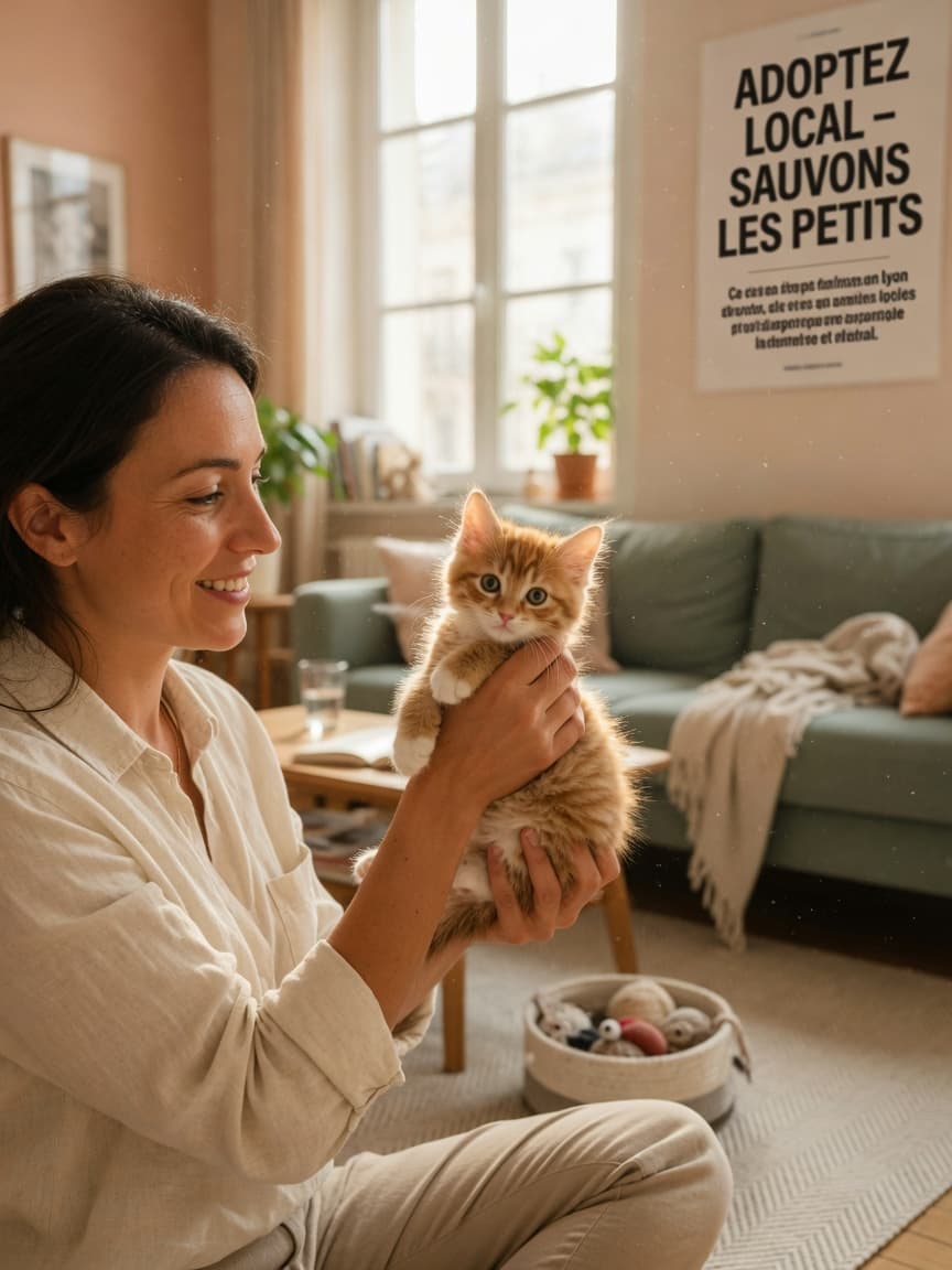 Woman holding a fluffy tabby kitten at eye level in a warm, sunlit living room, demonstrating affectionate bonding