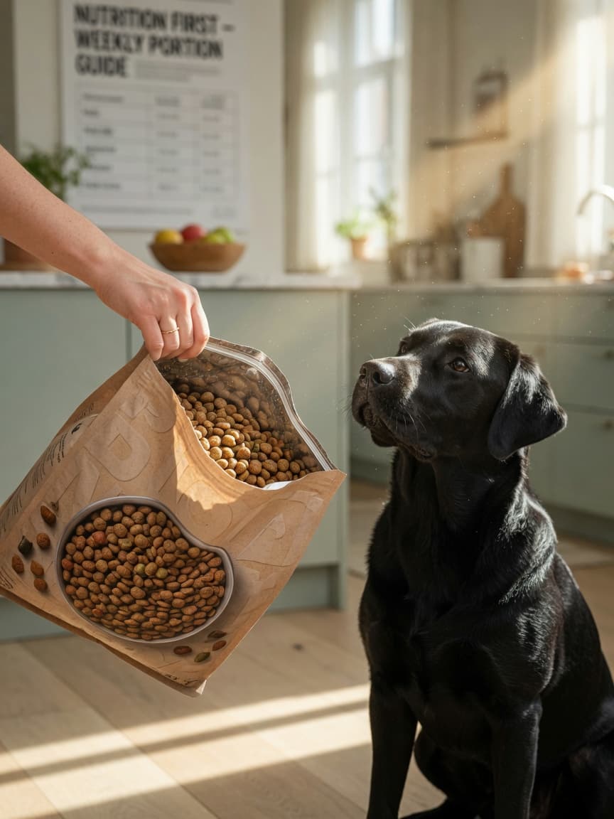 Dog owner holding open a bag of dog food in a kitchen with an attentive healthy dog nearby, warm natural sunlight streaming through the window.