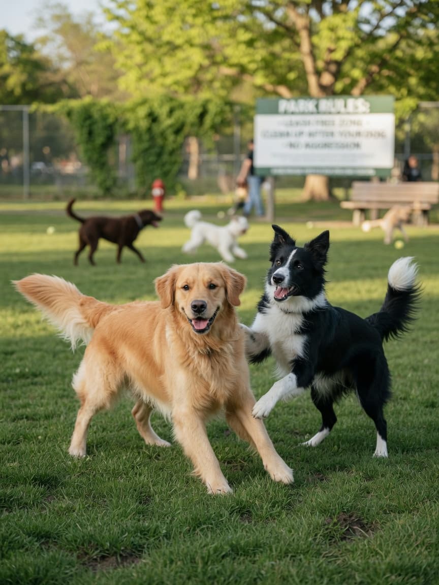 Two dogs playing together in a sunny dog park with other dogs in the background
