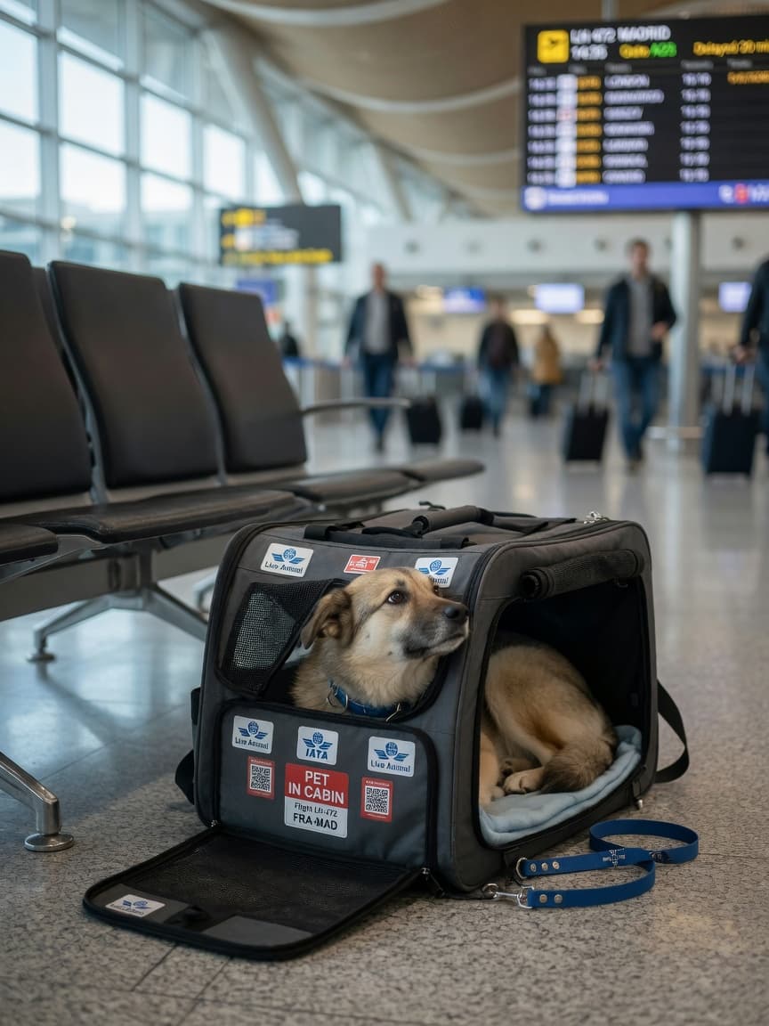 Dog in airline carrier under airport seat, ready for cabin travel