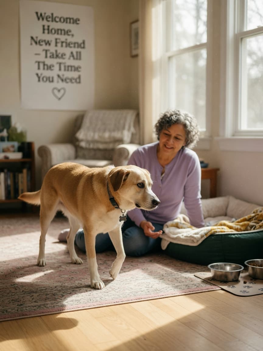 A nervous rescue dog exploring a foster home for the first time while a foster parent sits nearby offering quiet reassurance in a sunlit living room