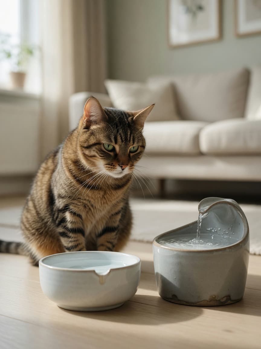 Skeptical tabby cat beside a water bowl and fountain, illustrating feline drinking preferences