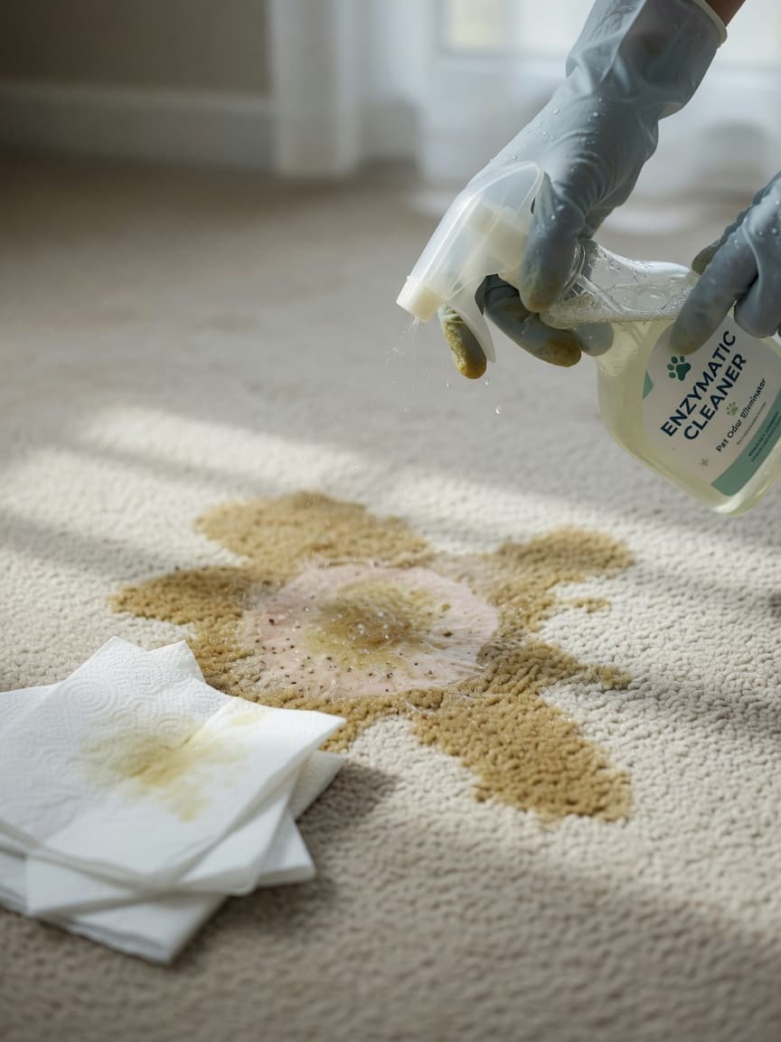 Hands in rubber gloves applying enzymatic cleaner to a dog urine stain on light beige carpet with paper towels nearby