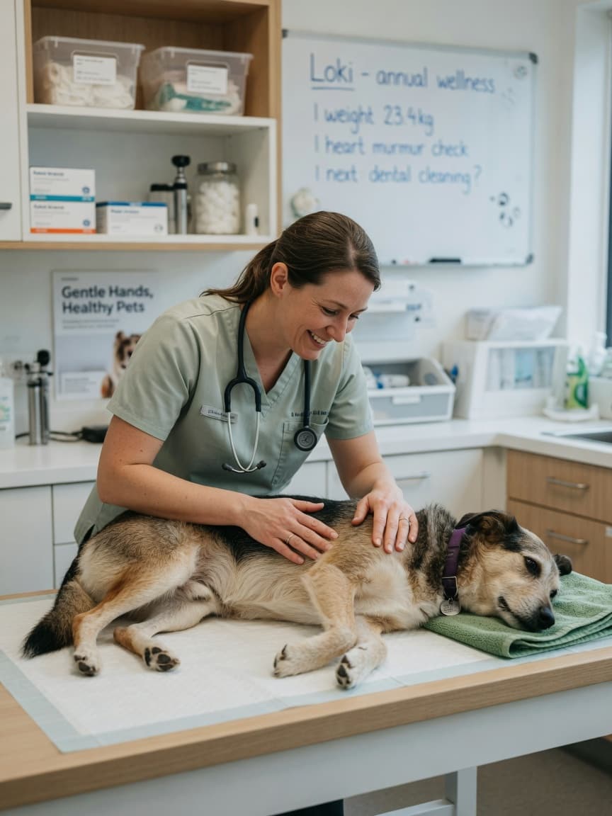 Veterinarian examining a dog on a clinic examination table during a health check