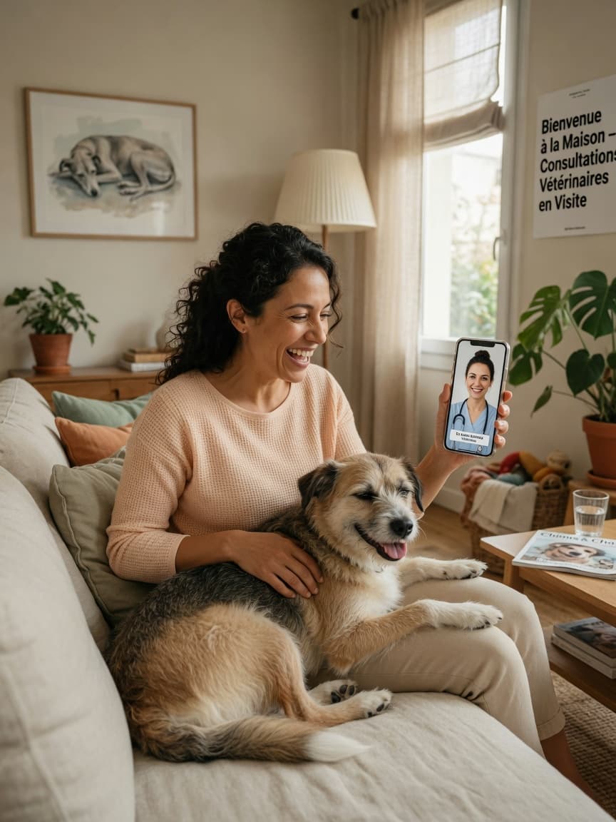 Woman on video call with veterinarian while sitting with calm dog on home sofa