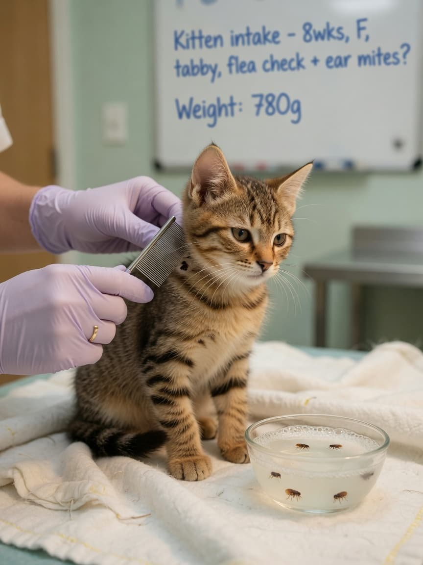 Veterinarian combing a young tabby kitten with a flea comb in warm soapy water during flea treatment examination
