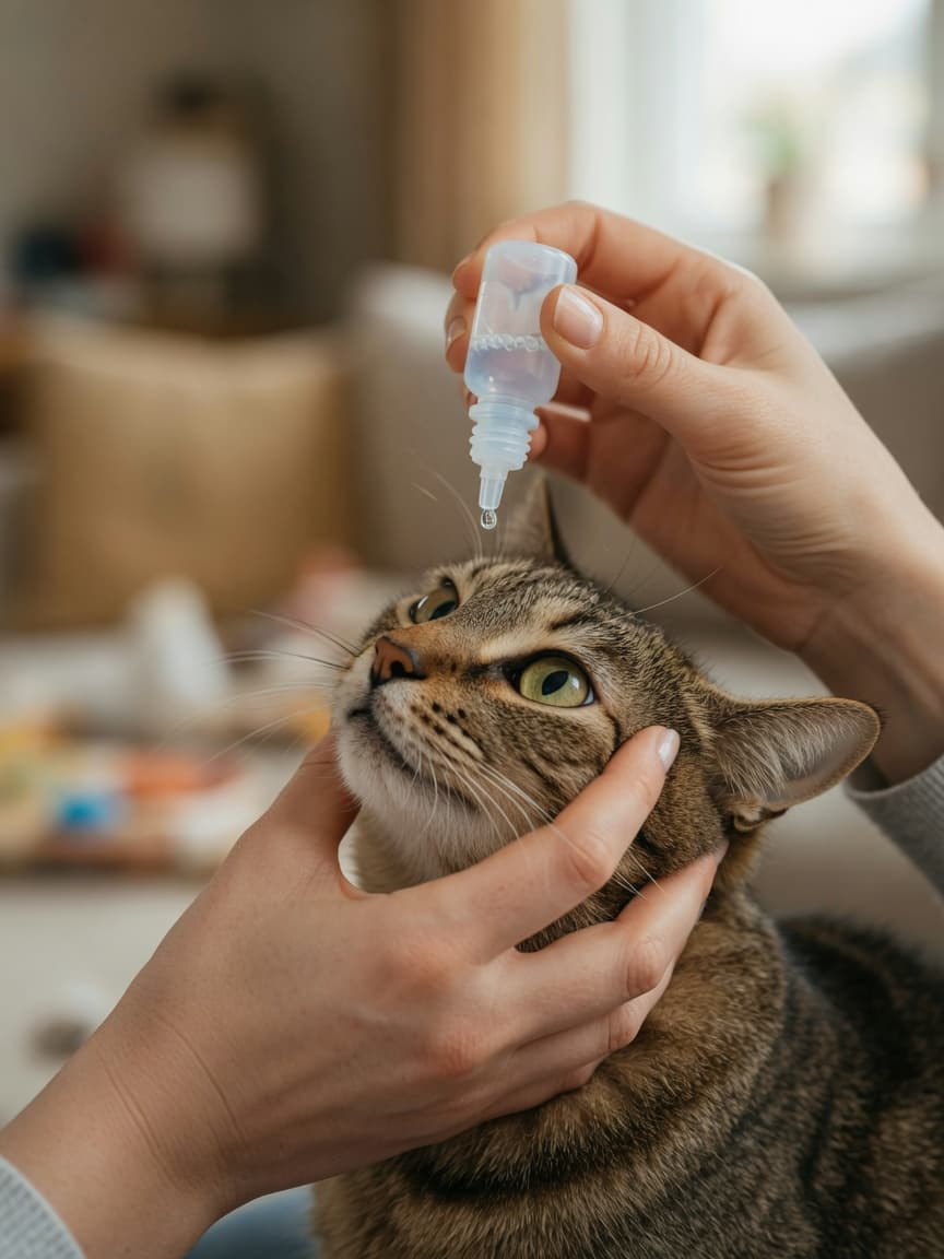 Hands administering eye drops to a calm tabby cat's lower eyelid with gentle technique