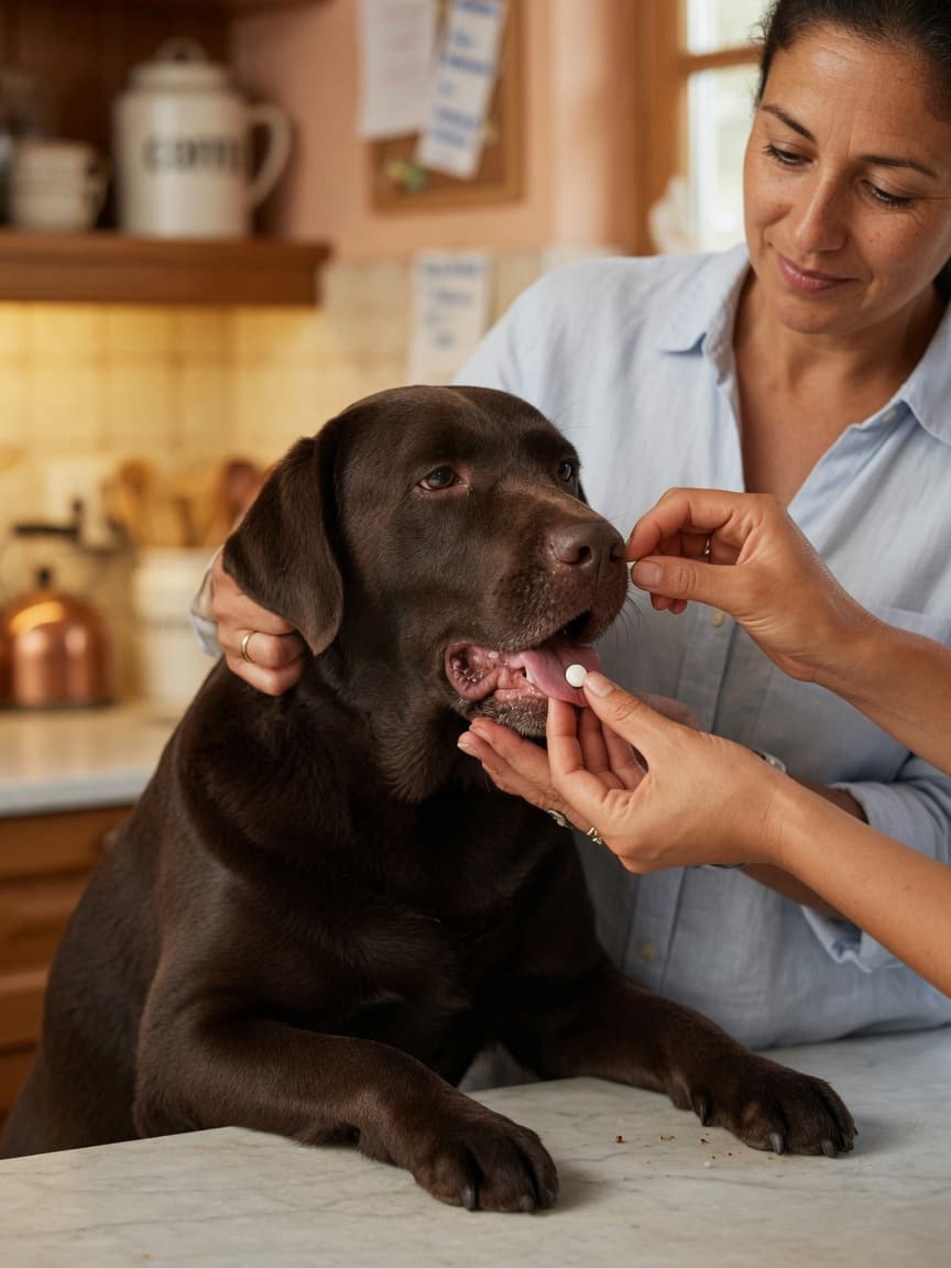 Owner administering a pill directly into a dog's mouth by hand, demonstrating proper hand-pilling technique with gentle muzzle control