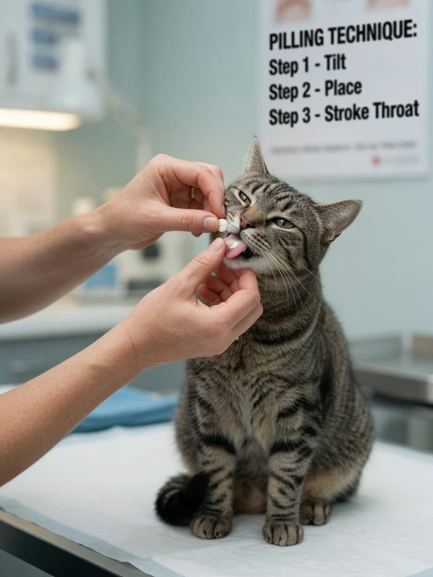 Veterinarian demonstrating correct hand position for administering a tablet to a calm tabby cat
