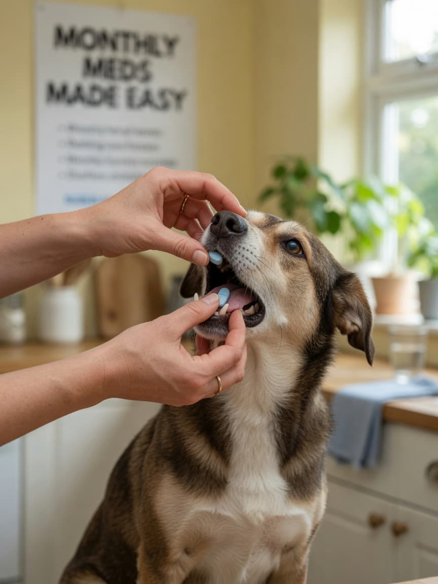 Woman's hands administering a pill directly into a calm dog's mouth using proper pilling technique
