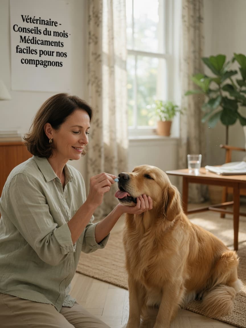 Woman gently administering a pill to a relaxed golden retriever in a calm home setting