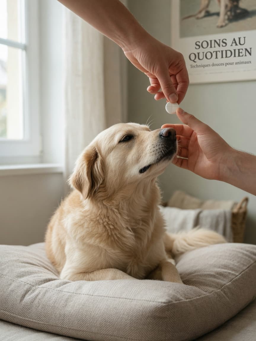 Dog receiving medication using direct pilling technique with handler's hand gently positioning the muzzle