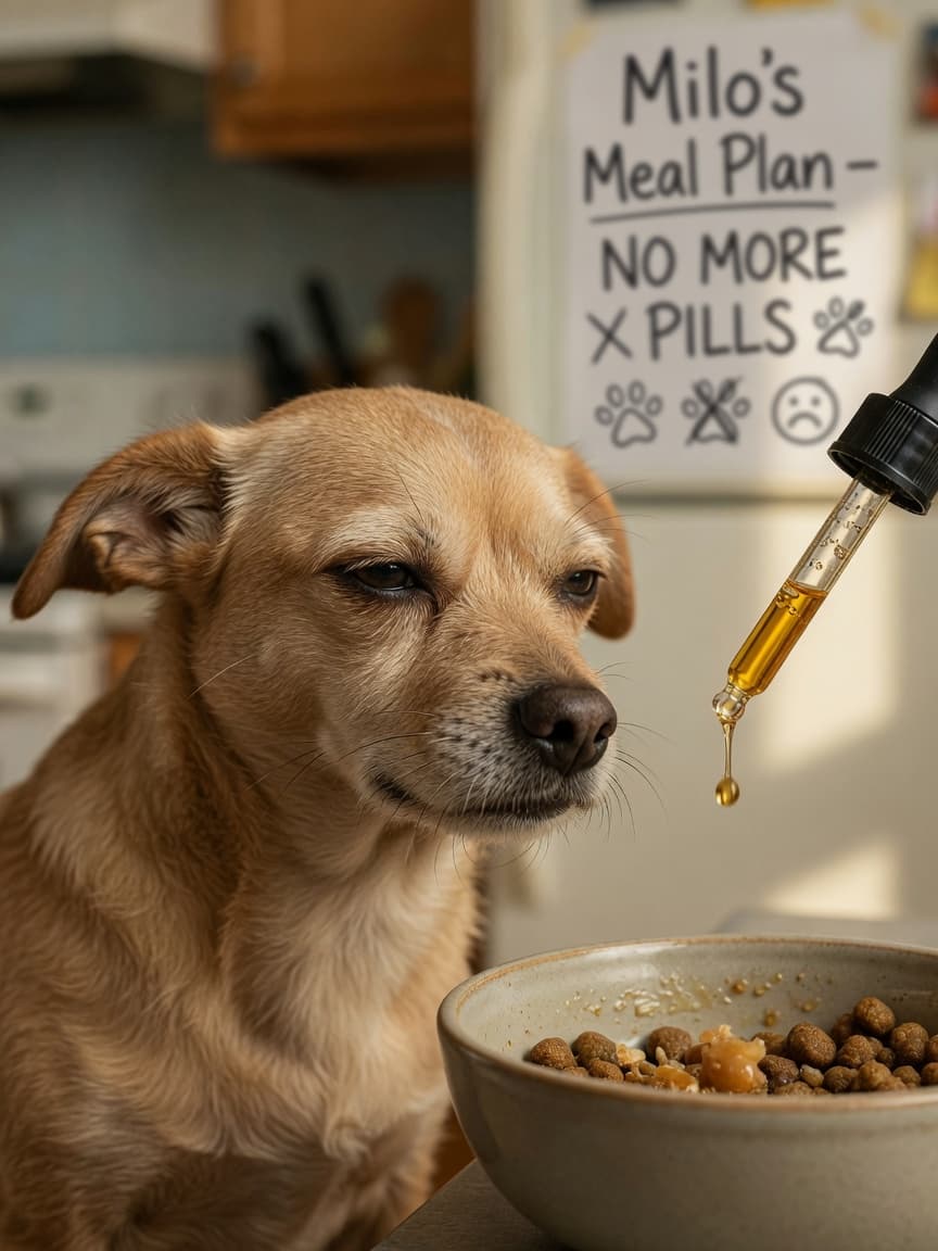 Picky dog turning away from food bowl with CBD oil dropper held above