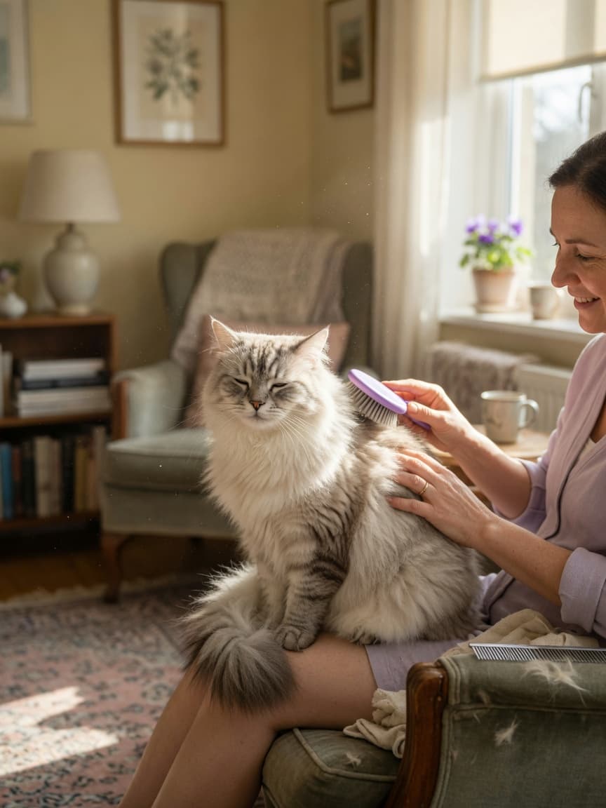 Owner grooming a longhaired cat at home with a soft brush during natural daylight