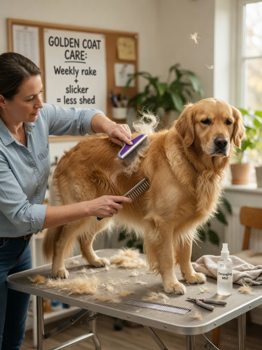 Owner grooming a Golden Retriever at home using slicker brush and undercoat rake with grooming tools visible on the table