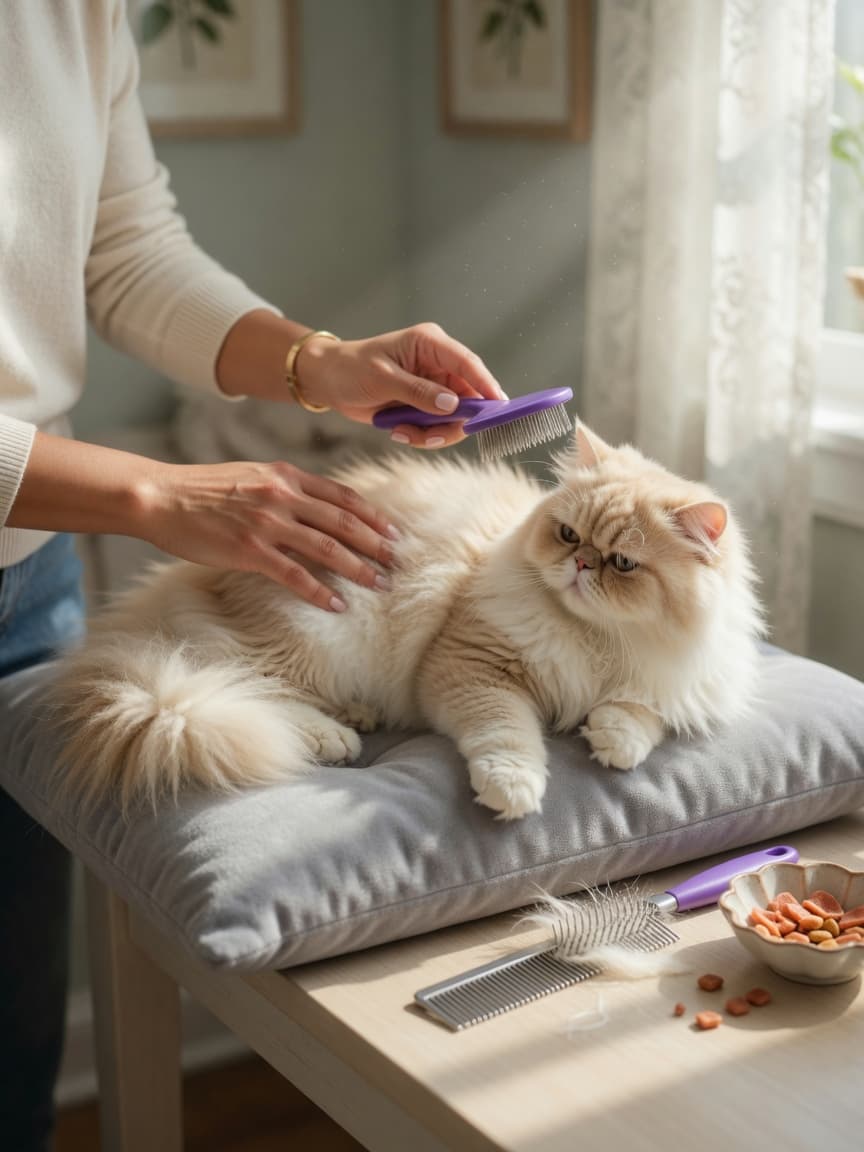 Woman grooming a long-haired Persian cat with a slicker brush during a home grooming session