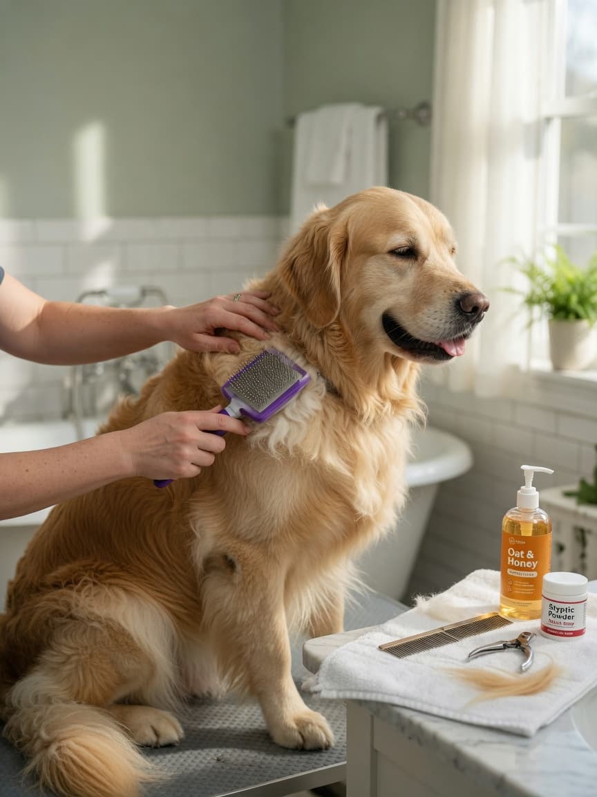 Groomer's hands brushing a Golden Retriever's thick cream-colored double coat with a slicker brush during a home grooming session, with organized grooming supplies on a white towel nearby.