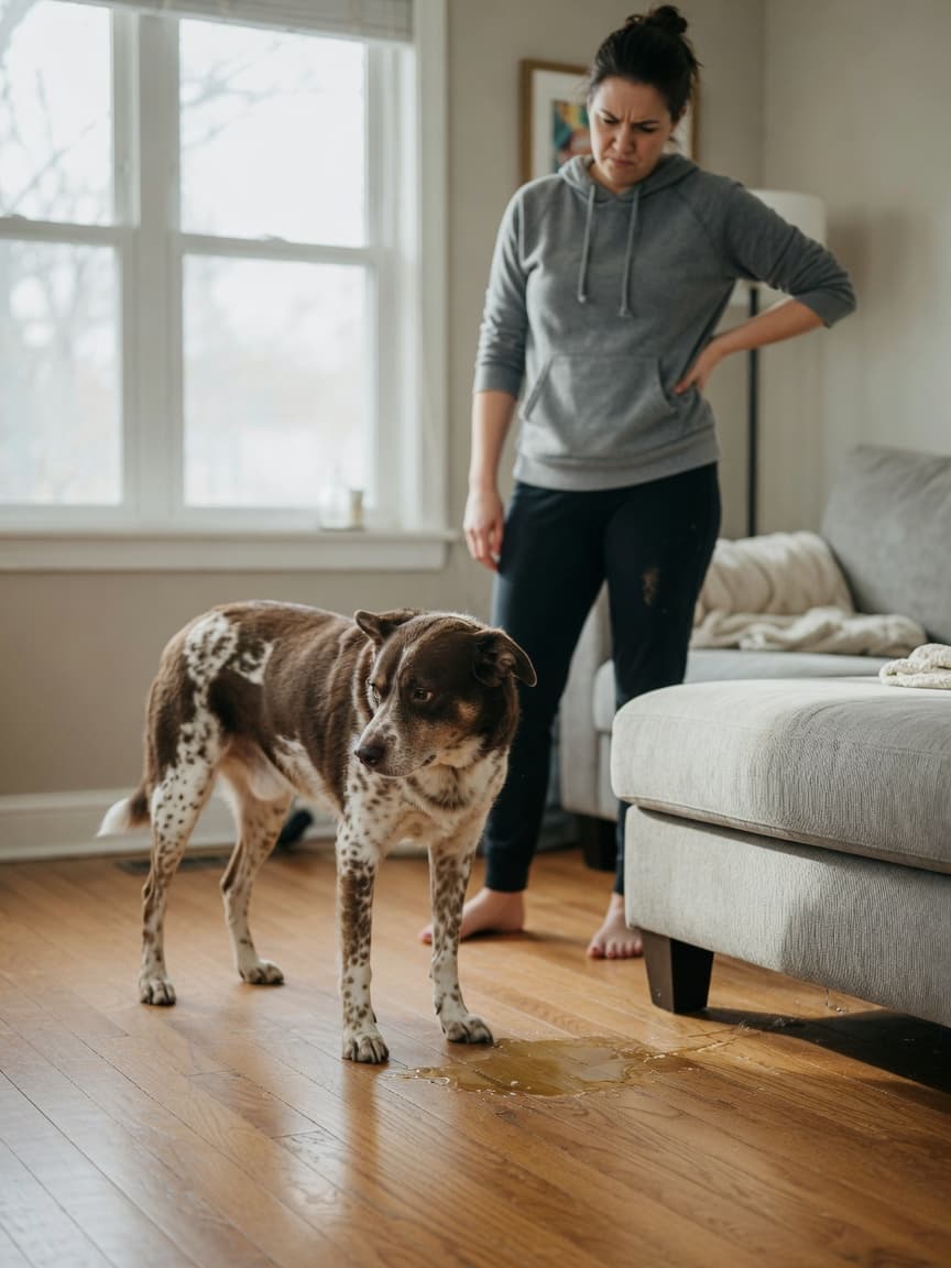 A dog standing over a puddle indoors with an owner nearby, illustrating a typical house soiling accident