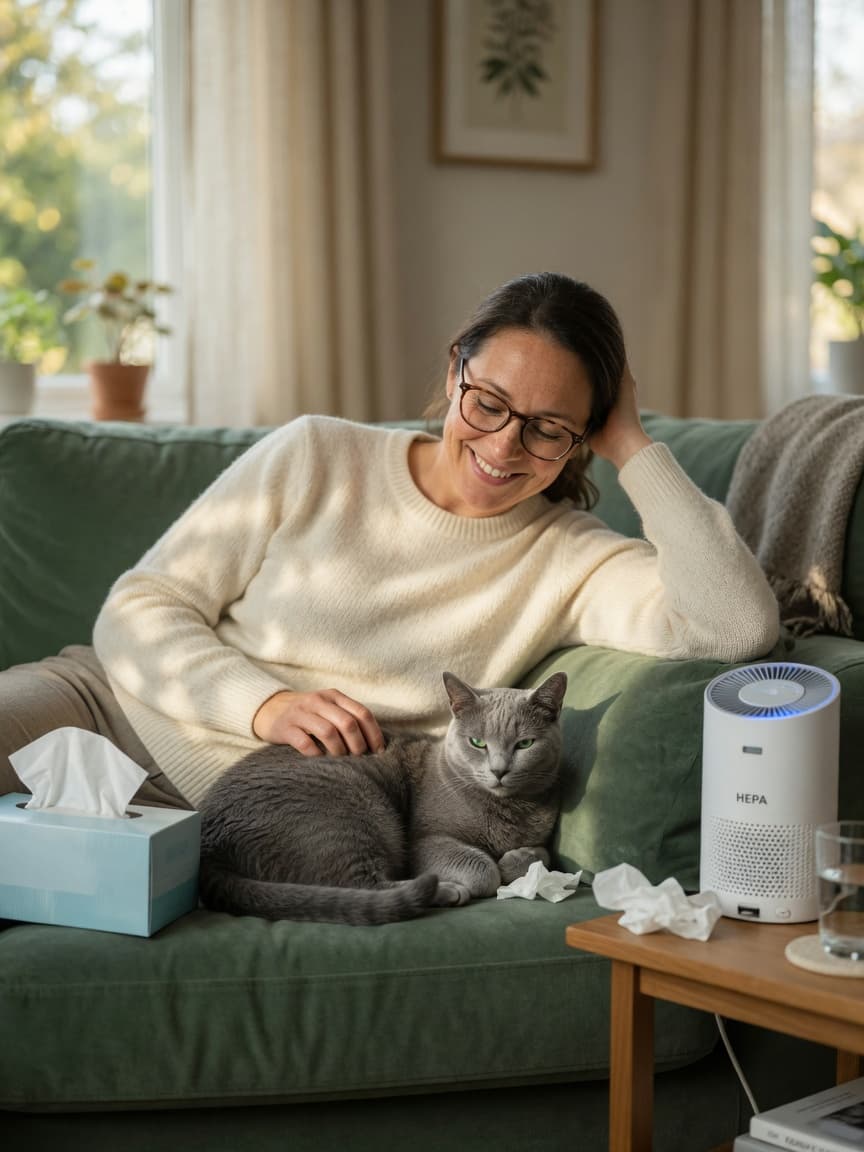 Person wearing glasses petting a Russian Blue cat while sitting near a HEPA air purifier in a bright, comfortable living room