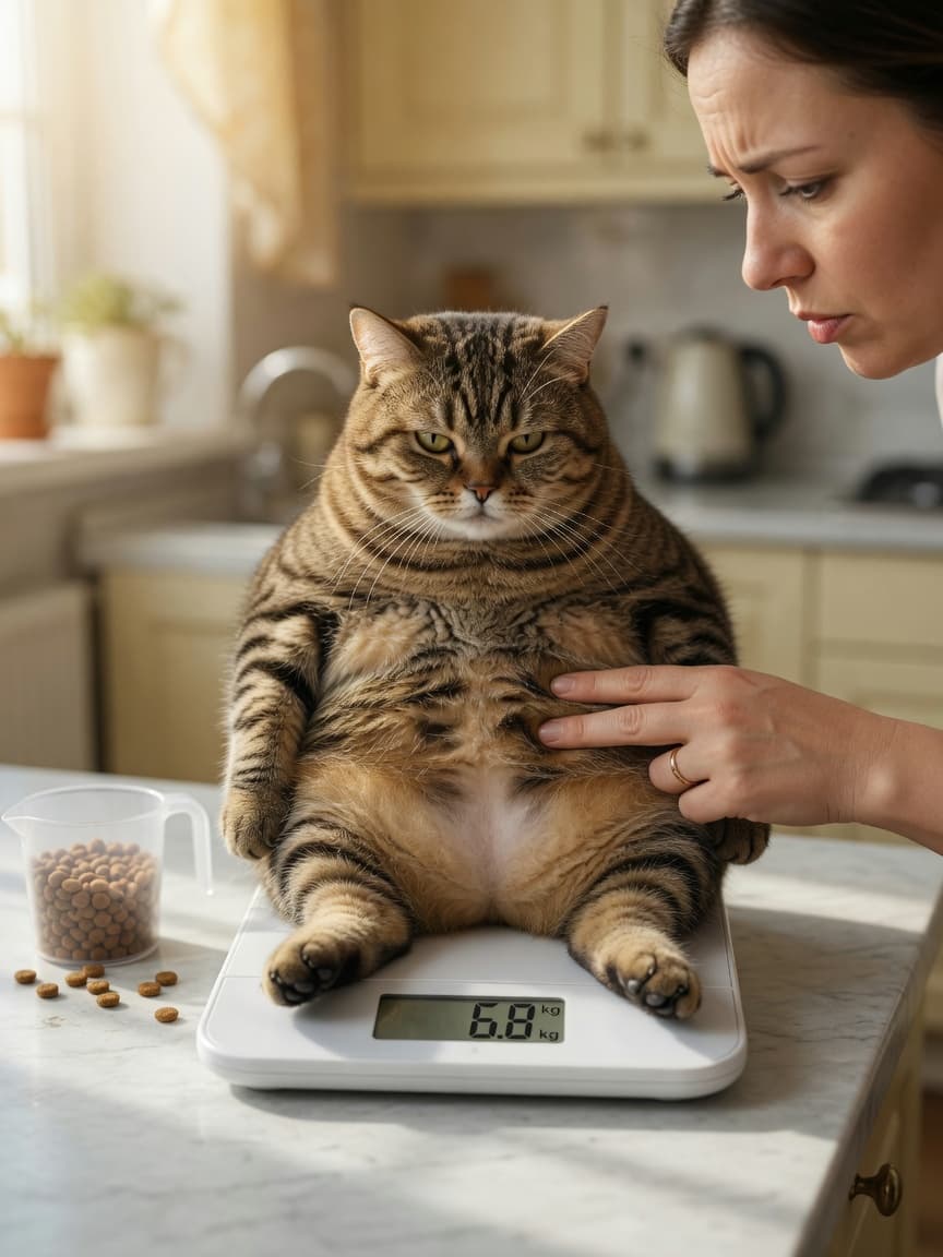 Overweight tabby cat on a kitchen scale with owner's hand assessing its weight