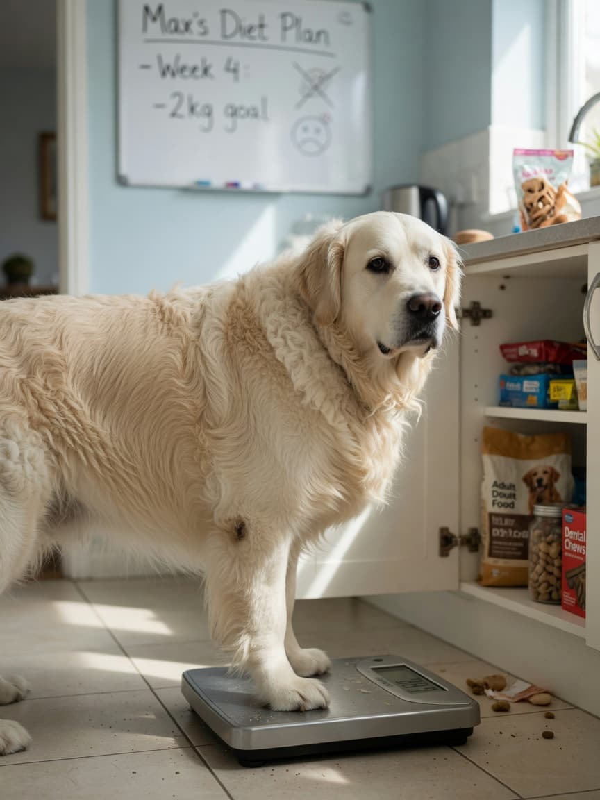 Overweight Golden Retriever standing on a bathroom scale in a bright kitchen with dog treats visible in background