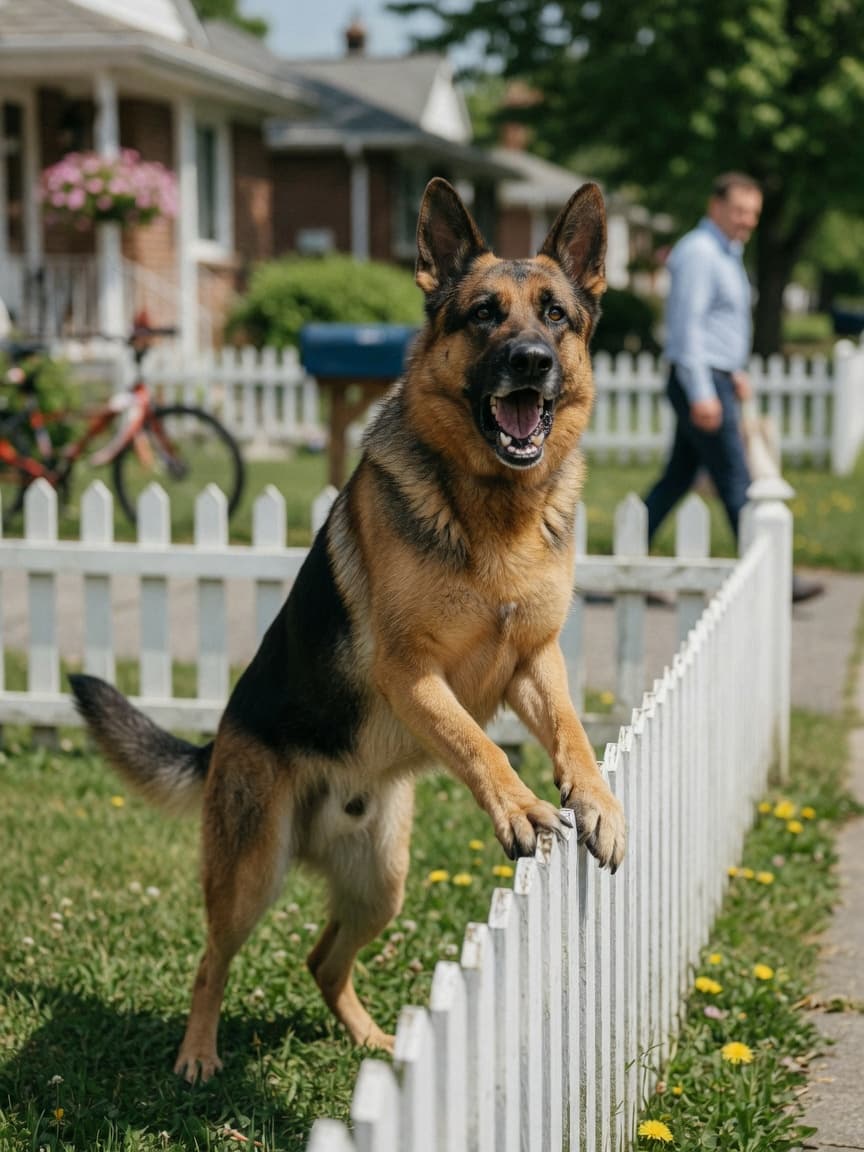 German Shepherd barking at a fence with a person walking past outside, showing territorial behavior in a residential backyard
