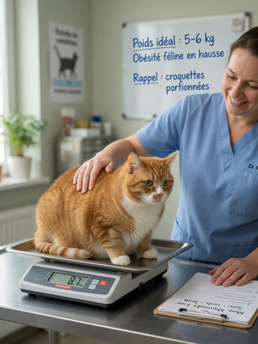 Overweight tabby cat on veterinary scale with vet's reassuring hand during weight check consultation