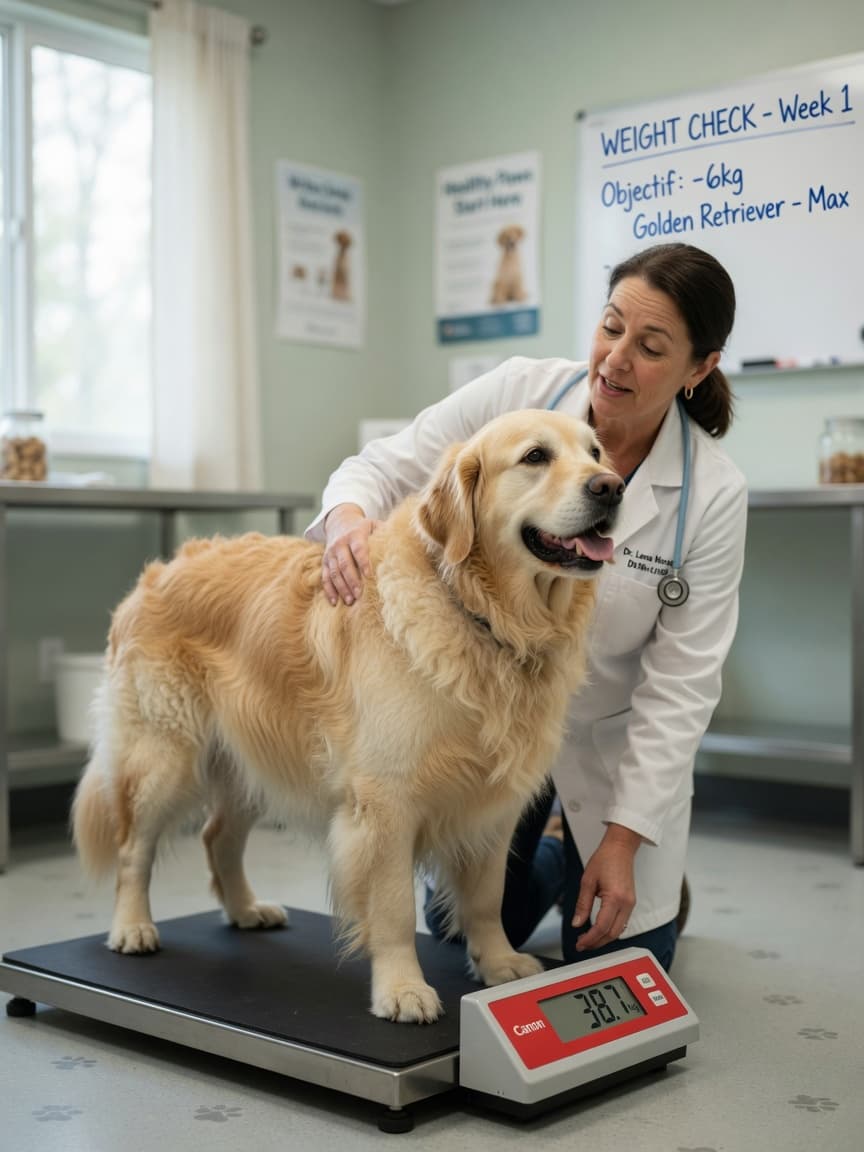 Overweight golden retriever on veterinary scale during weight check with veterinarian