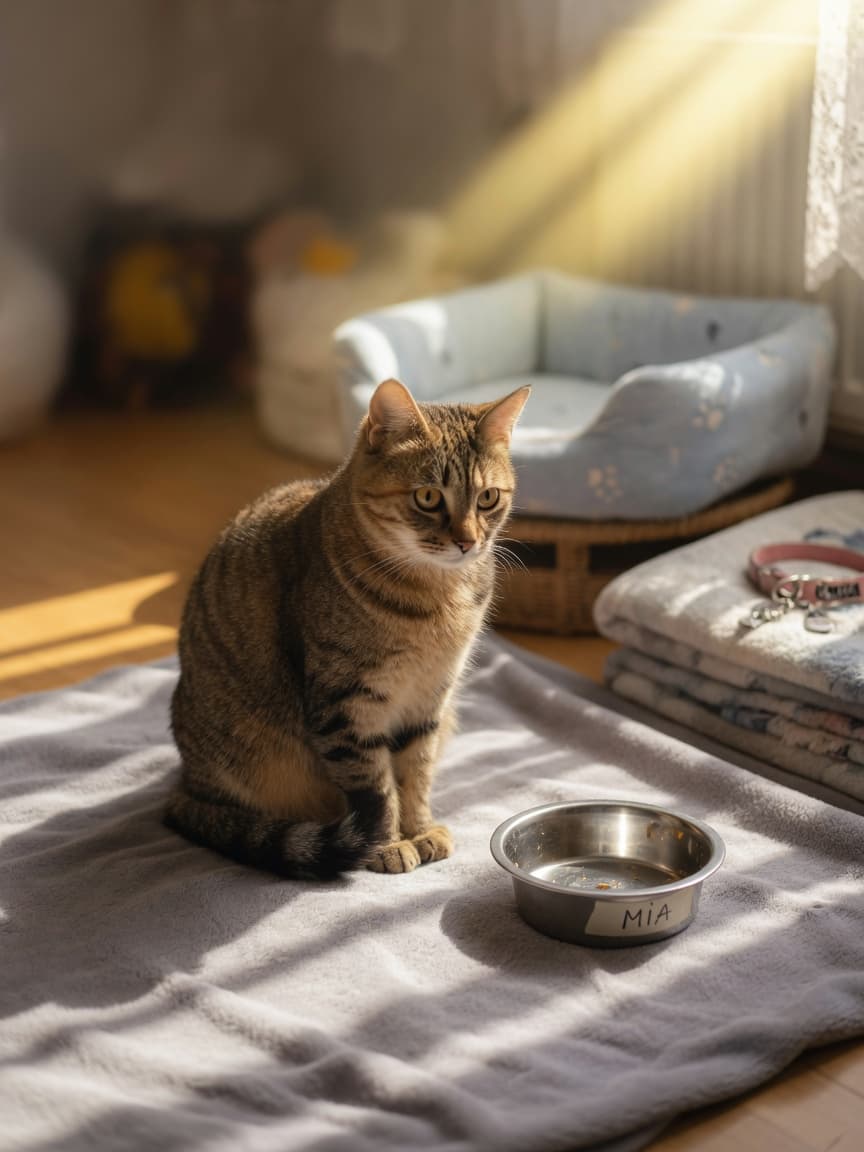 A grieving tabby cat sits on soft bedding in window light, looking toward an empty space where a companion once was