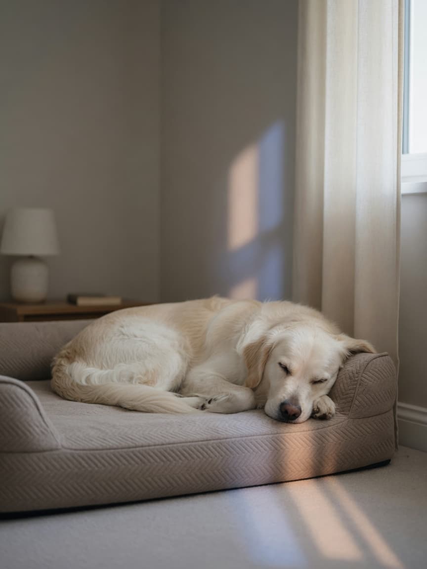 Golden retriever sleeping peacefully on a soft bed in a dimly lit, quiet bedroom