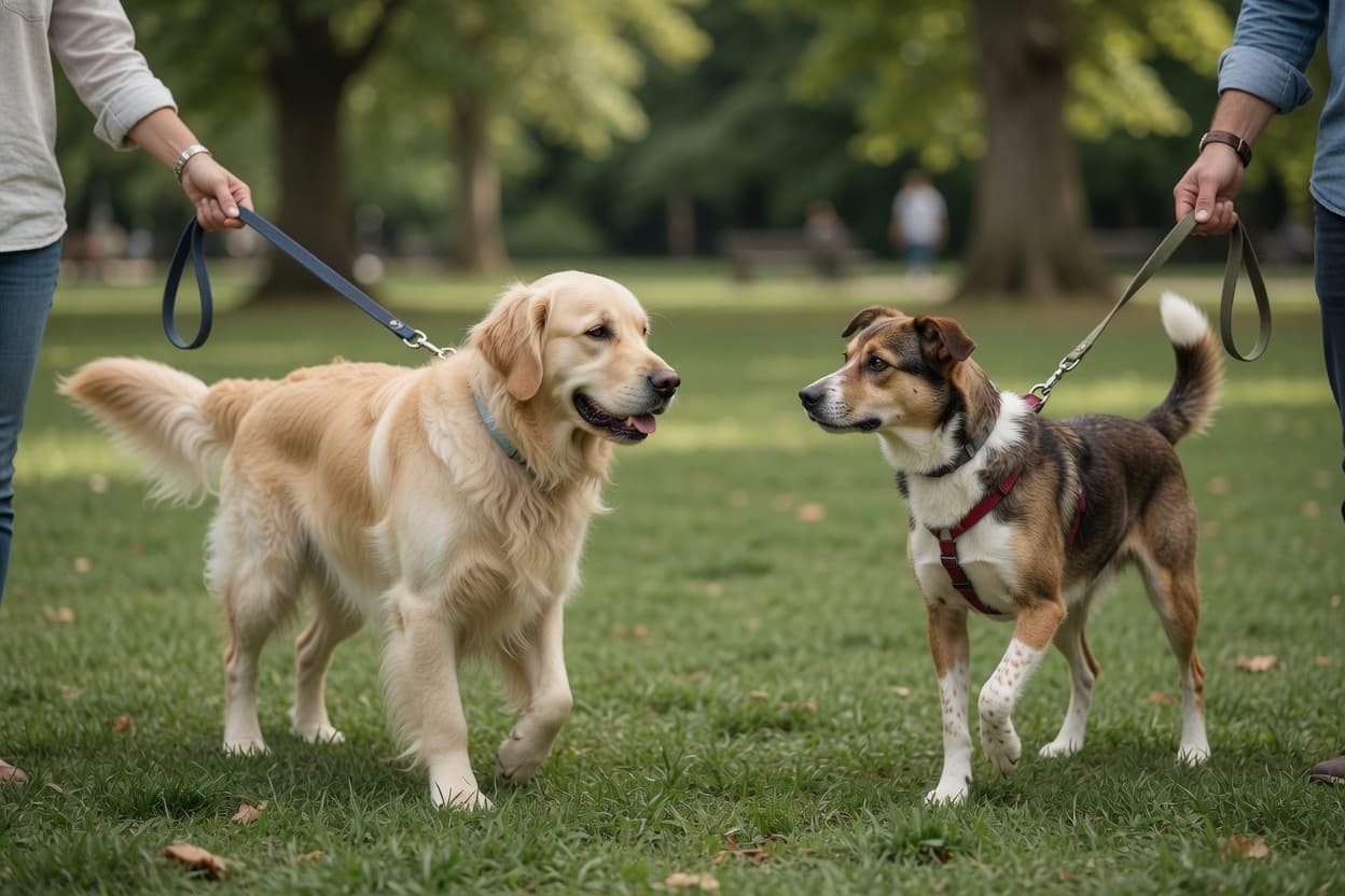 Two dogs on leads meeting peacefully on neutral park ground with relaxed body language and soft expressions