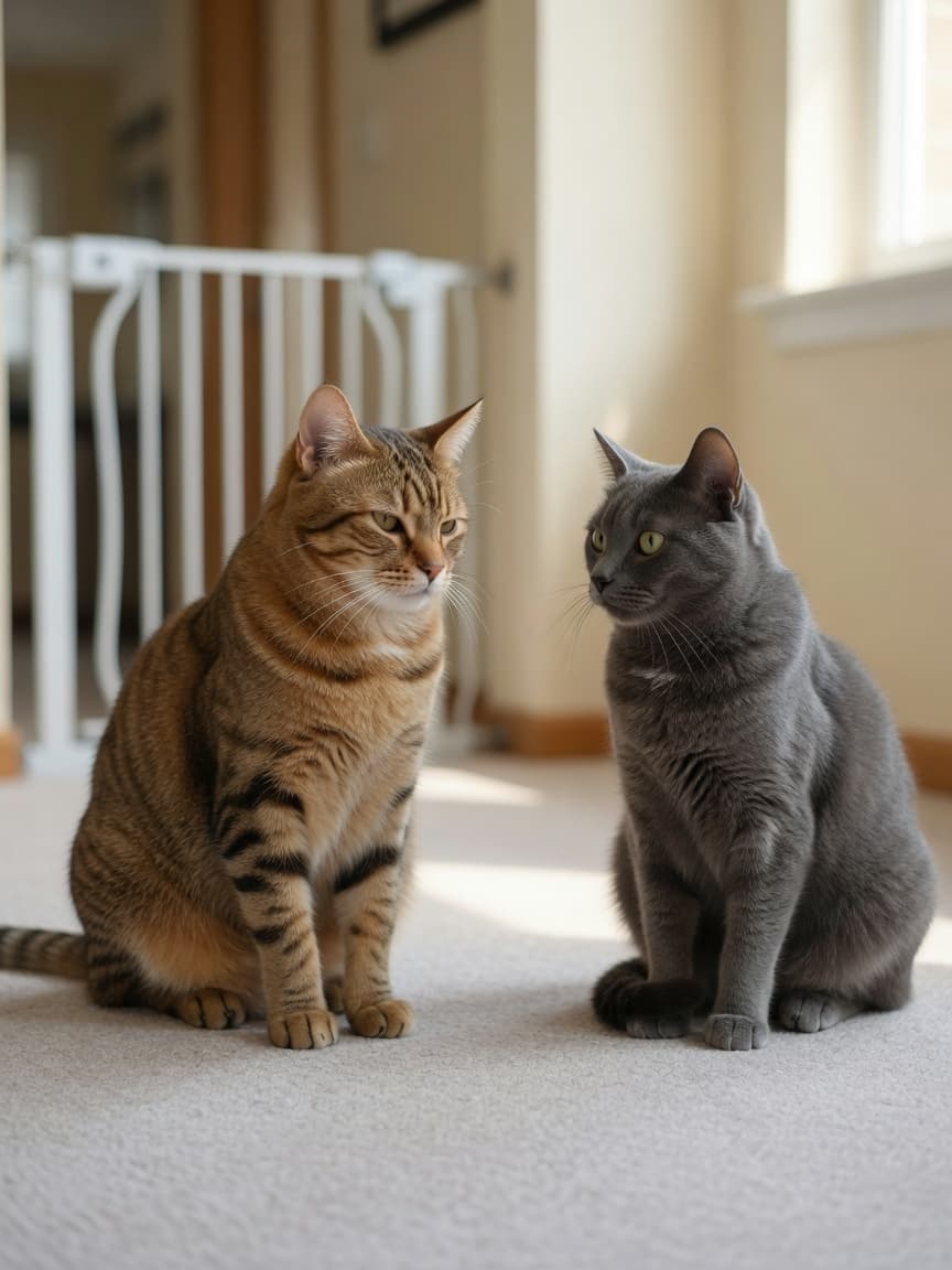 Two cats calmly meeting face-to-face during a visual introduction, separated by a safe distance in a sunlit living room