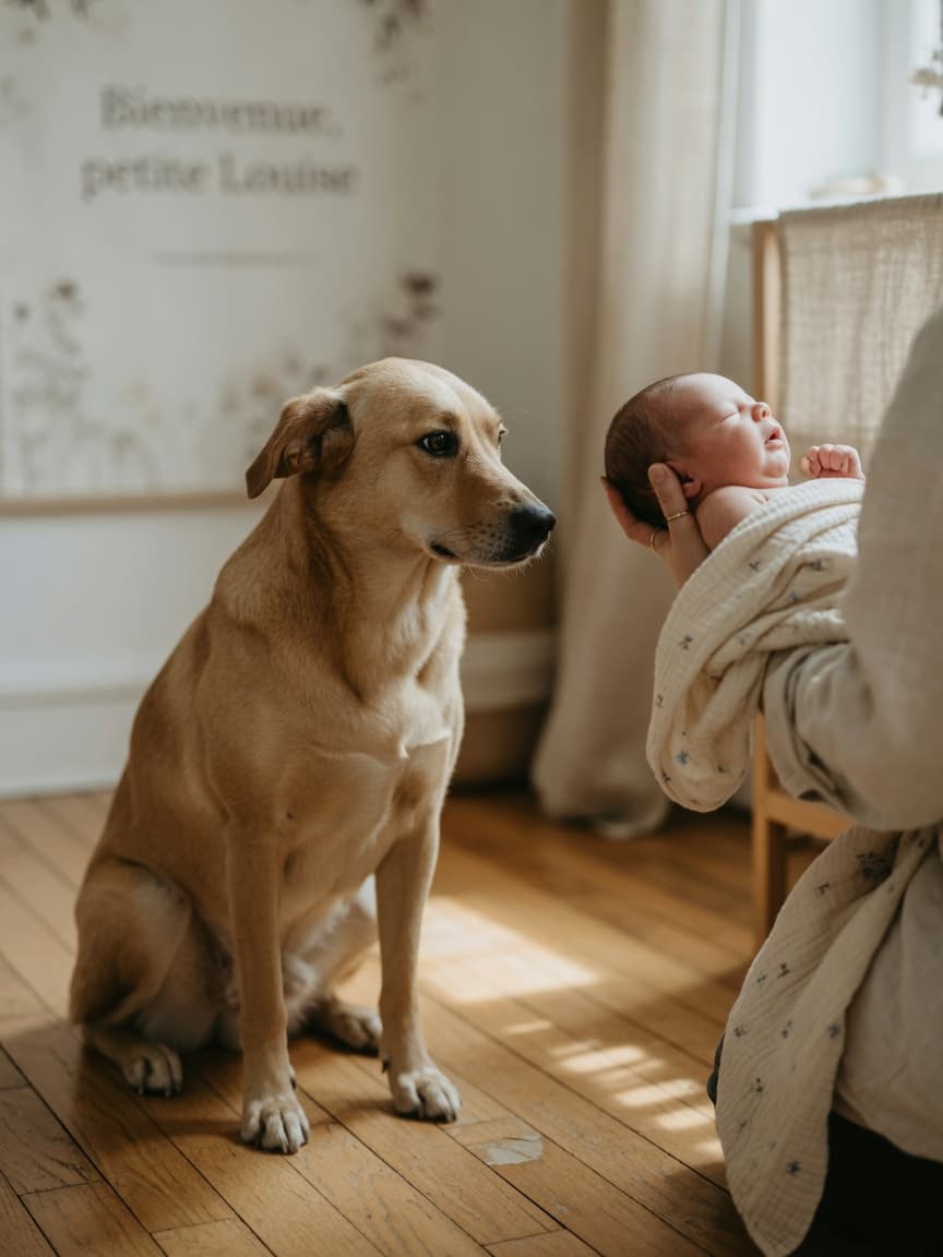 A calm dog sitting indoors looking at a newborn baby being held by a parent during their first introduction