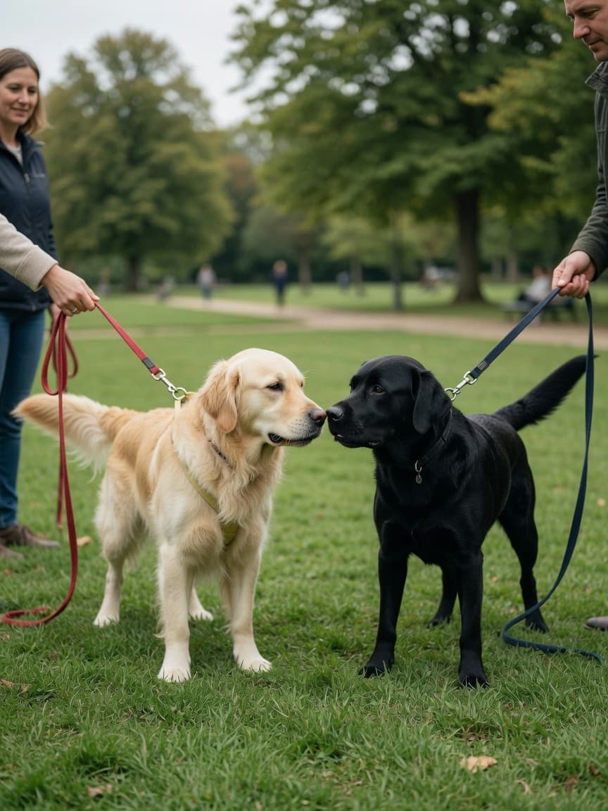 Two dogs meeting calmly on neutral ground in a park with separate handlers, both displaying relaxed body language during their first introduction