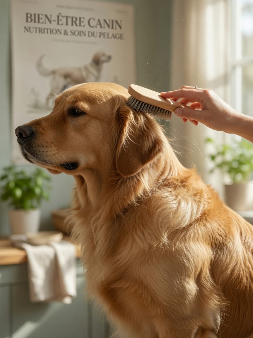 Owner brushing a dog's glossy, healthy coat in natural sunlight