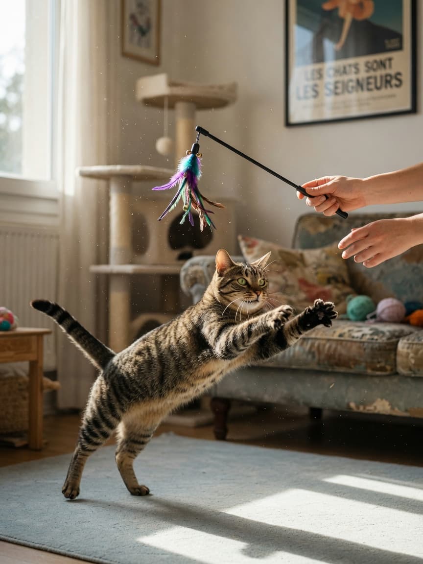 An engaged tabby cat mid-pounce on a feather wand toy during interactive play with owner