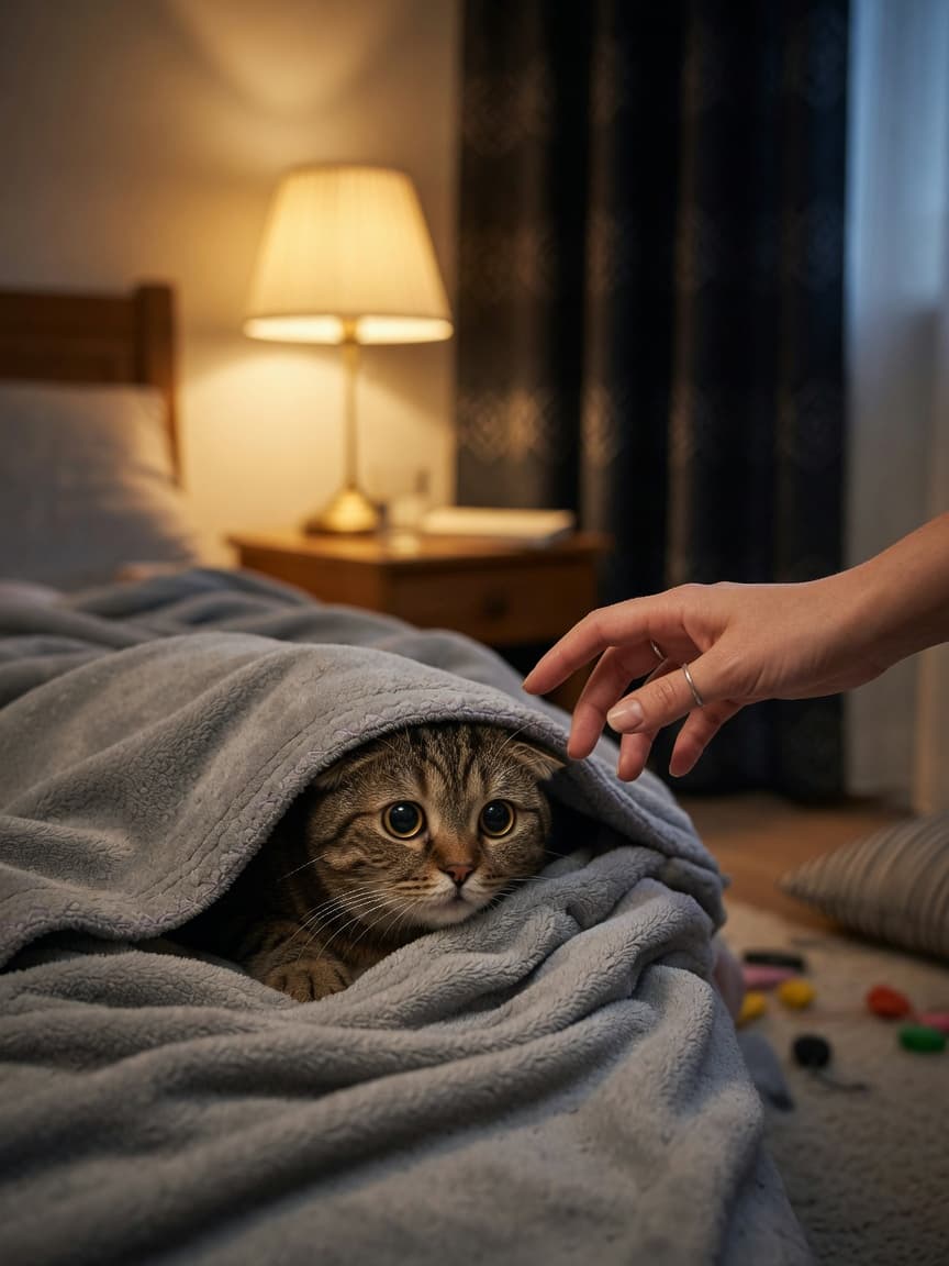 Frightened tabby cat hiding under blanket with owner's hand nearby in a safe room