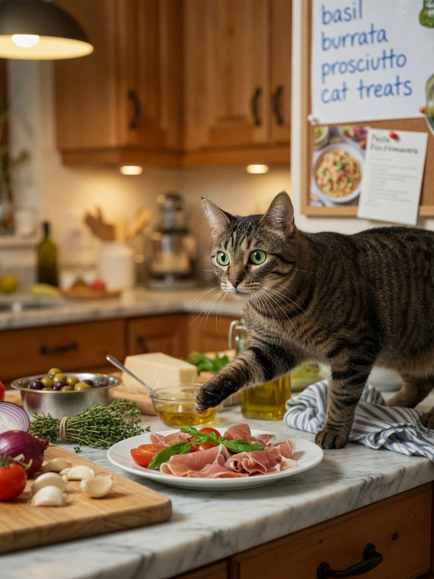 Tabby cat standing on kitchen counter reaching for food during meal preparation