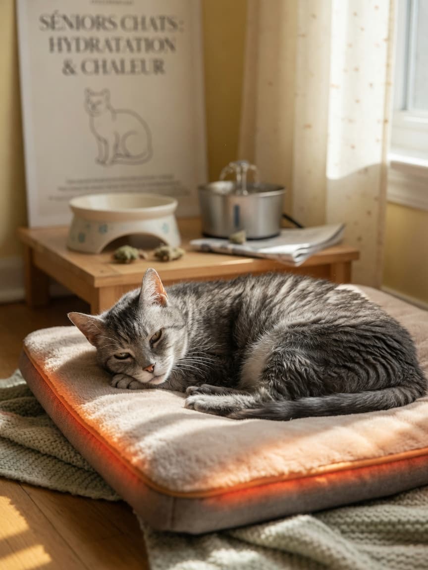Senior grey and white tabby cat resting peacefully on a heated bed in warm sunlight, with elevated food bowls visible nearby