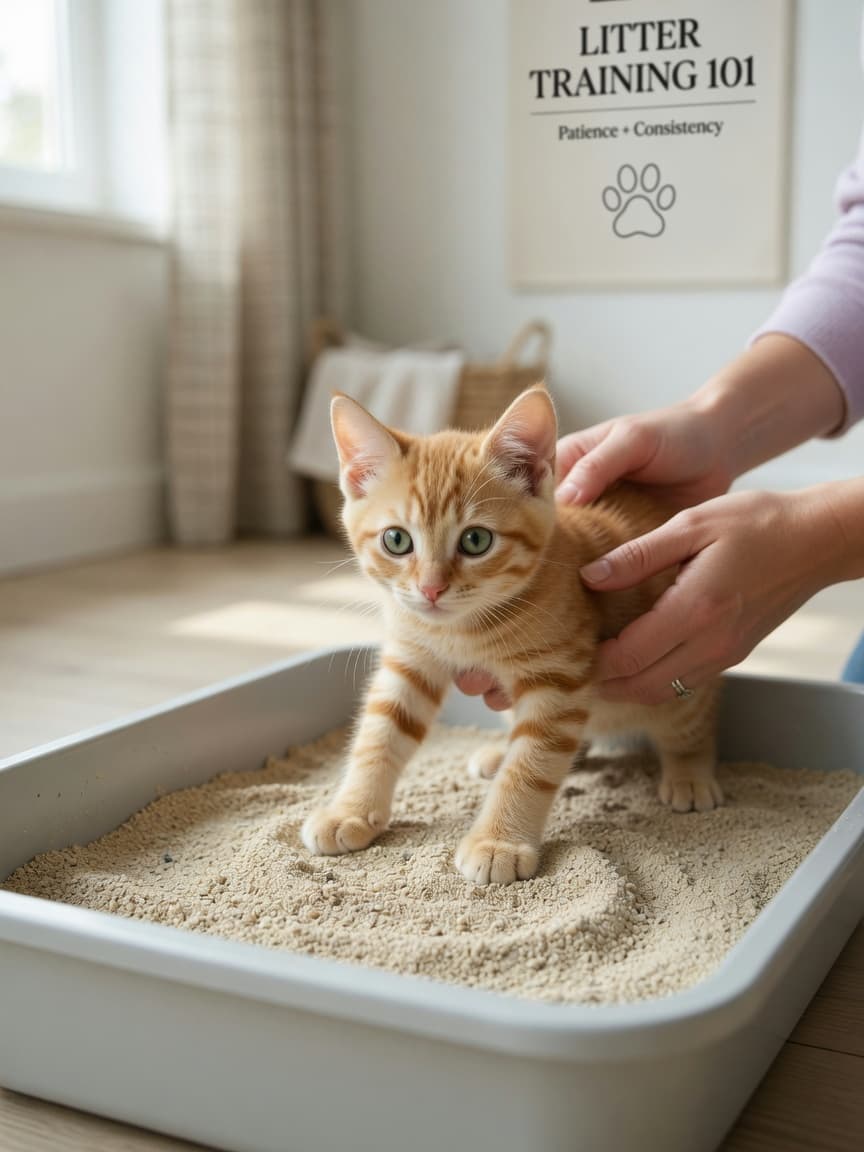 A young orange tabby kitten being gently placed into an open litter box with fine litter, guided by human hands during initial litter training.