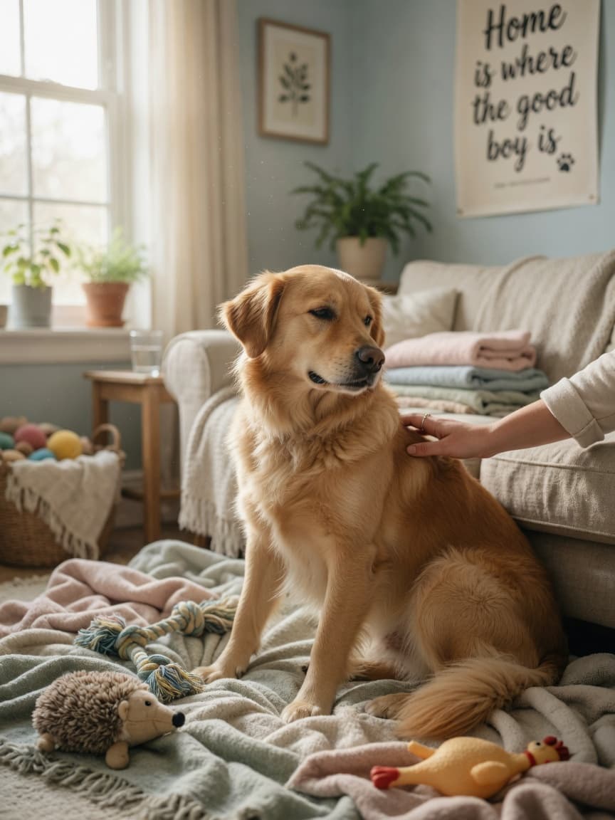 A calm dog sitting in a safe corner with soft blankets while an owner's hand gently touches its back in a reassuring manner, bathed in warm natural light.