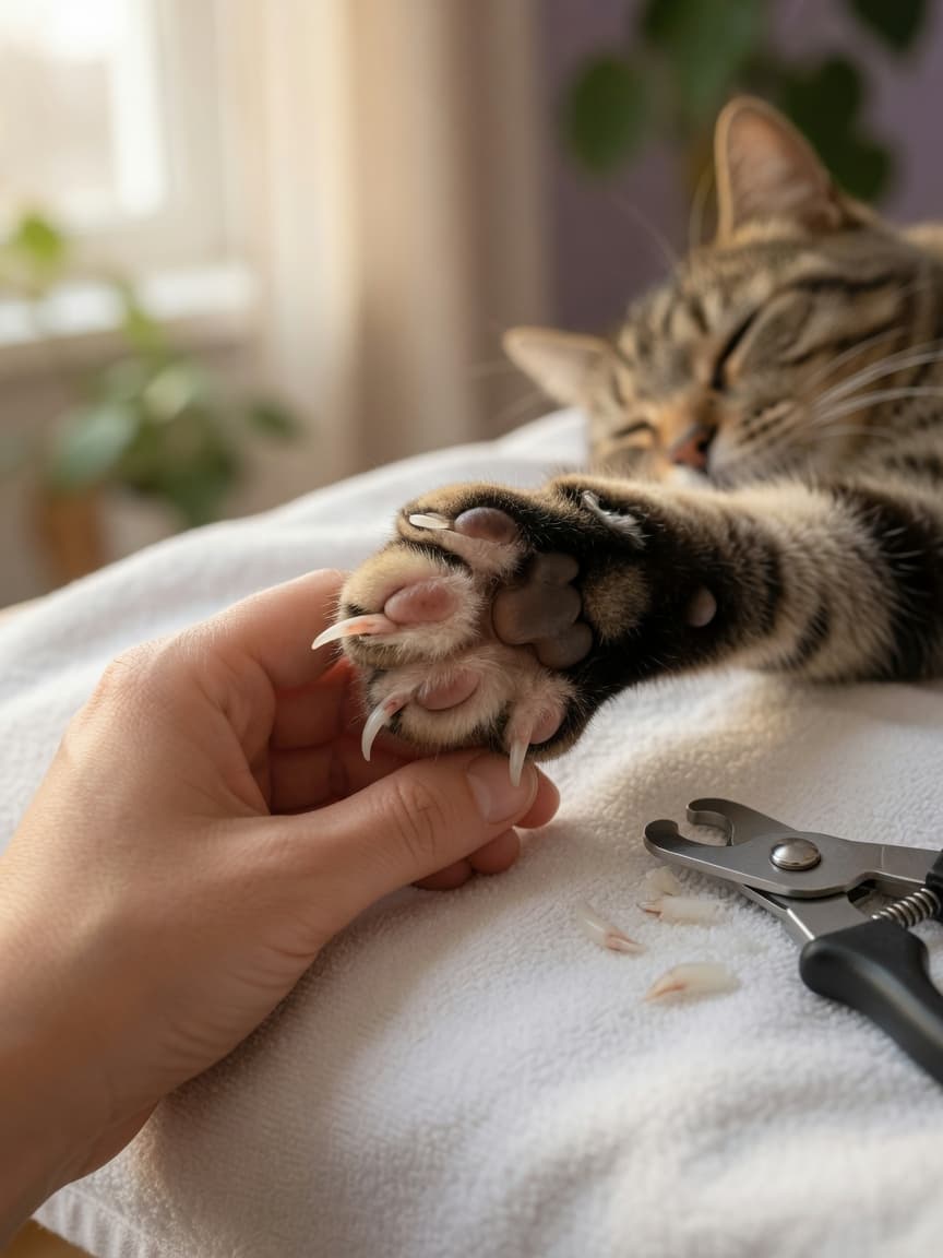 Close-up of a cat's paw being gently held during a claw-trimming session with a nail clipper visible on a towel