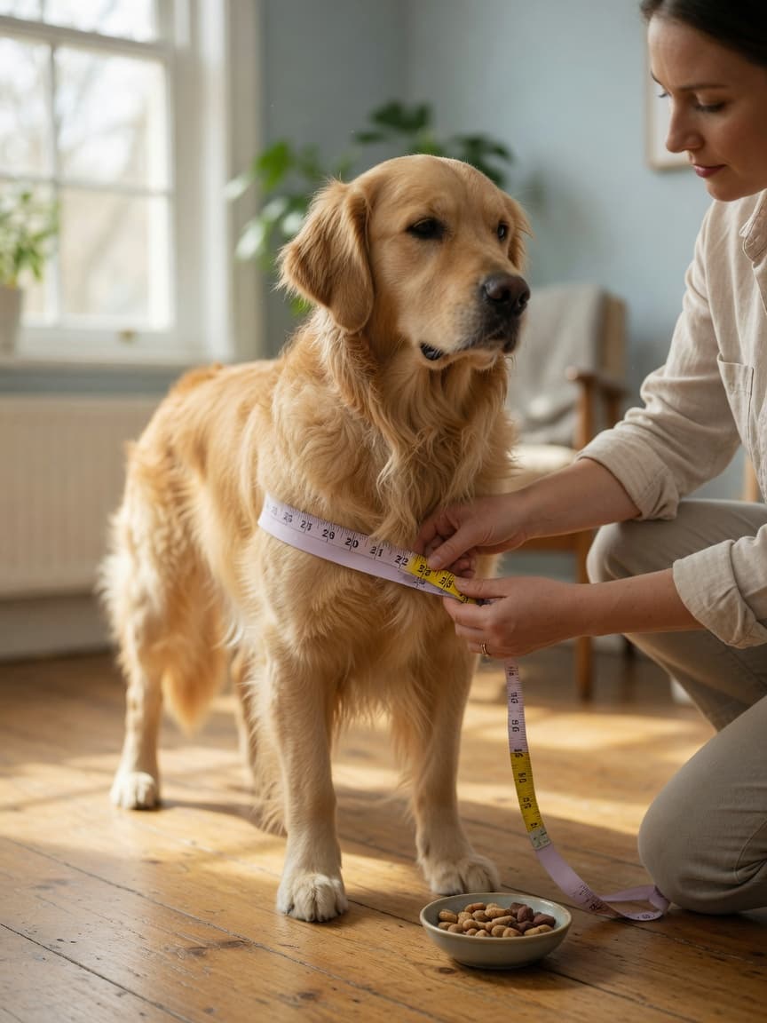 Dog owner measuring a Golden Retriever's chest with a soft measuring tape, demonstrating proper harness measurement technique