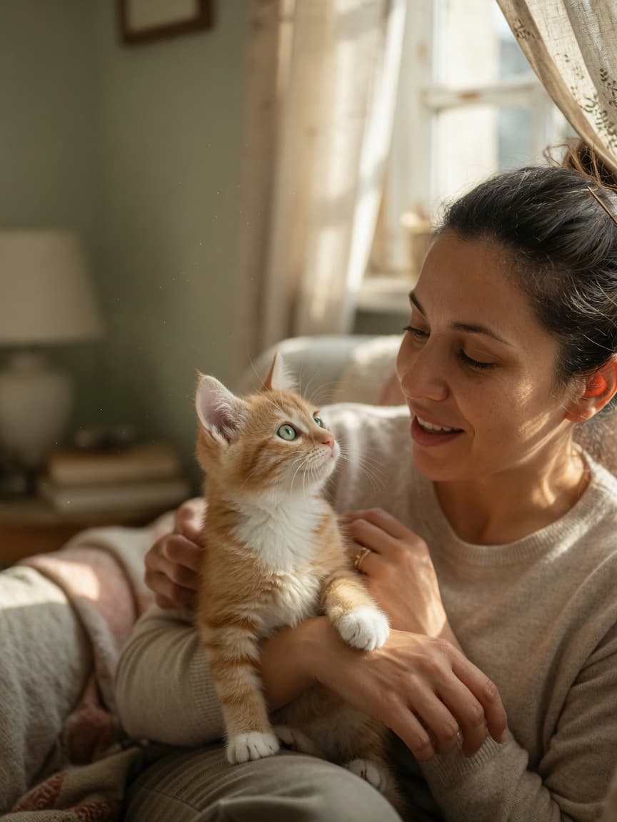 Owner bonding with kitten on lap while saying its name